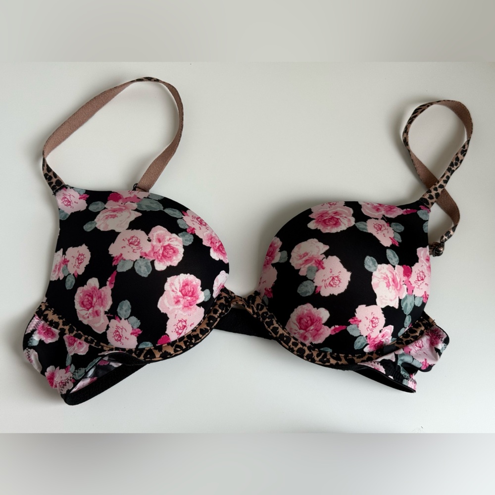 Victoria's Secret Black Bra with Pink Roses and Cheetah Pattern